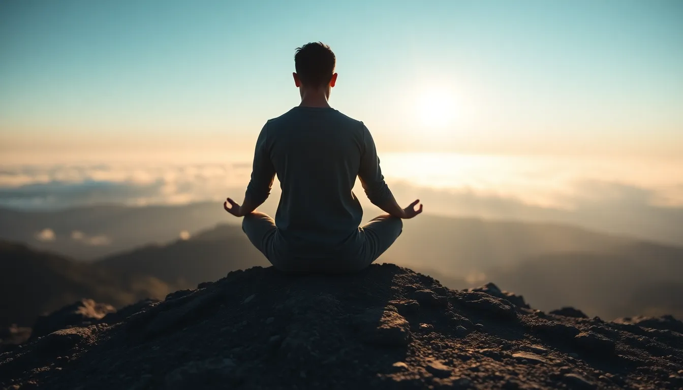 This tranquil image depicts an individual in meditation atop a serene mountain during dawn. The soft, ethereal light enhances the mystical atmosphere, while the mist creates a dreamlike backdrop. The meditator's peaceful expression and the delicate textures of their clothing juxtapose beautifully with the rugged landscape, inviting viewers to reflect on solitude and inner peace.