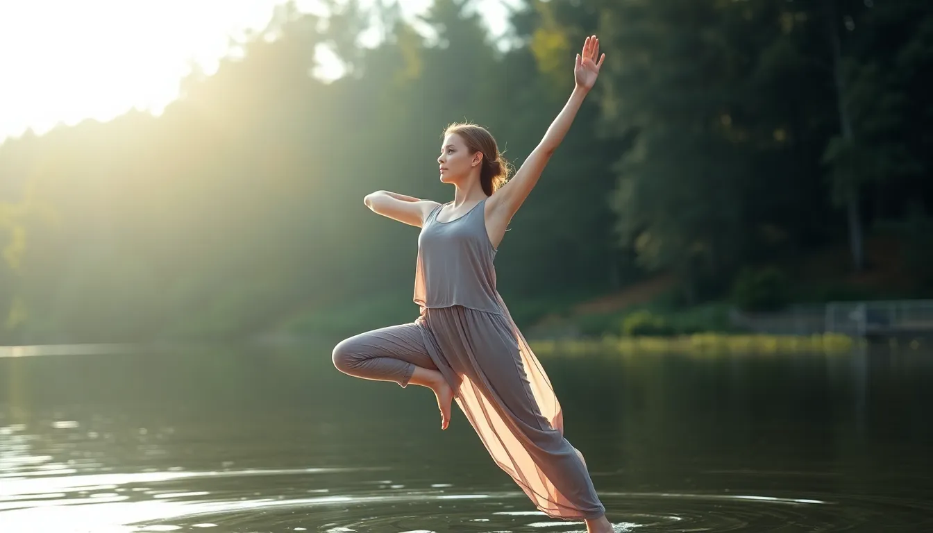 A young woman gracefully holds a warrior pose in front of a peaceful lakeside. Surrounded by lush greenery, the soft, diffused light enhances the calm and tranquil atmosphere. The natural muted tones of the environment blend beautifully, with warm sunlight reflecting off the water while she wears a light, flowing yoga outfit. This dynamic composition draws the viewer's eye and encapsulates the essence of yoga in nature.