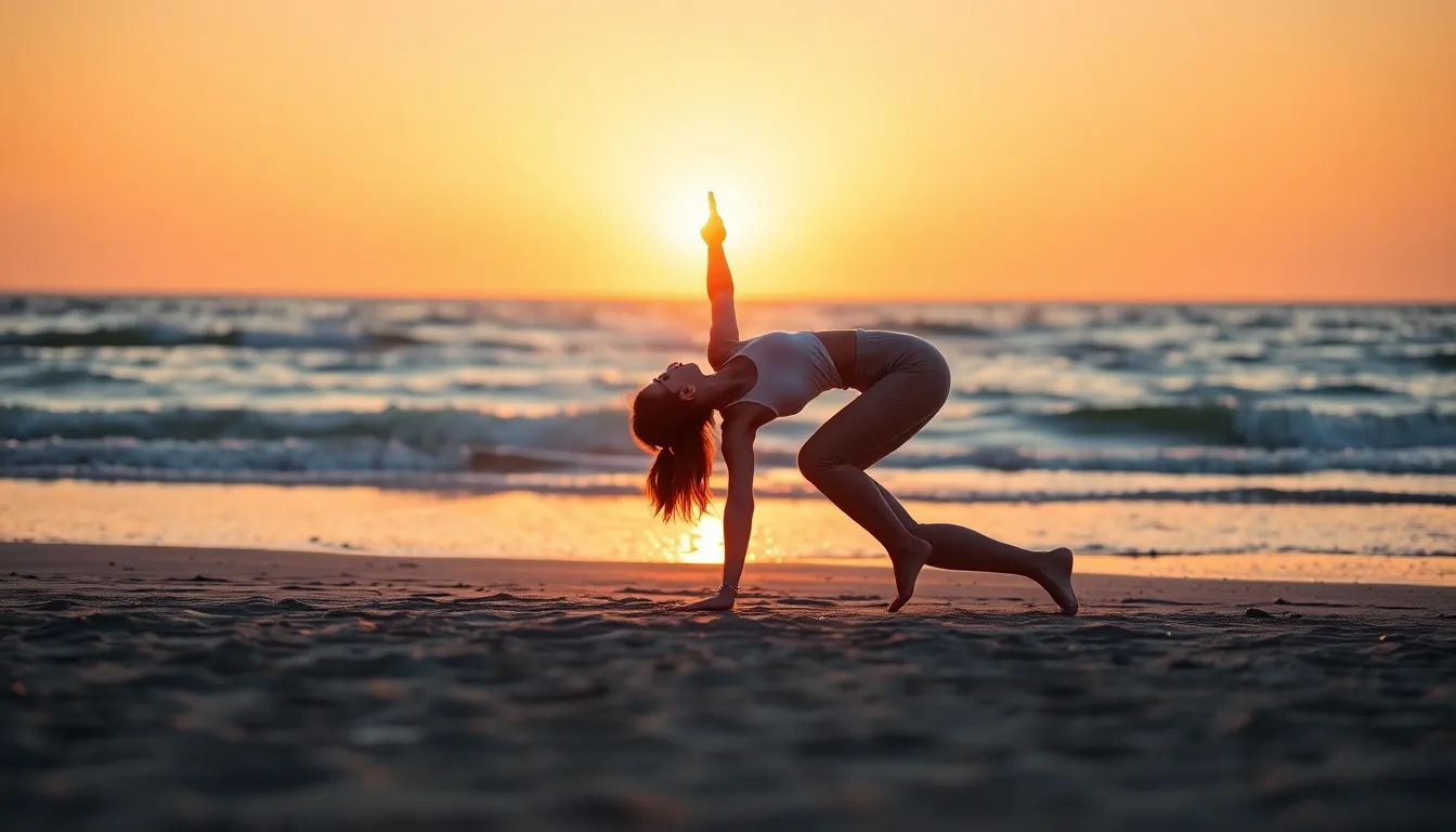 This image captures a young woman performing a downward dog yoga pose on a sandy beach during the golden hour. The warm backlighting and soft colors create a tranquil atmosphere, emphasizing the connection between the yogi and nature. The blurred horizon adds a sense of calm, while the textured sand and gentle waves enhance the serene setting.