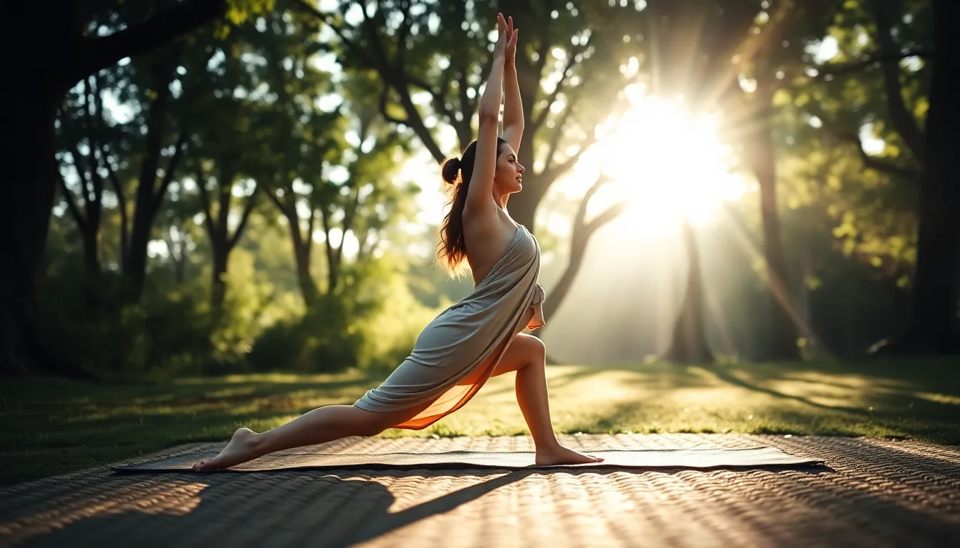 A serene scene depicting a yogi in a downward dog pose surrounded by lush greenery during a peaceful morning. Soft light filters through the trees, creating a beautiful interplay of light and shadows on the ground. The natural textures of the woven mat and smooth skin illustrate a harmonious blend with nature. The colors are muted earth tones, evoking tranquility and a connection to the environment.