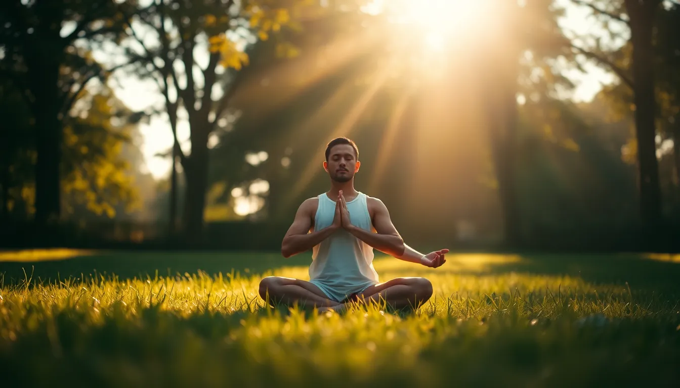 A serene scene of a yogi meditating in a sun-dappled forest, surrounded by lush greenery. The warm afternoon sunlight filters through the trees, creating an inviting and tranquil atmosphere. The yogi sits gracefully on the grass, emphasizing a sense of peace and mindfulness. Soft textures of the grass contrast beautifully with the muted earth tones of the surrounding flora.