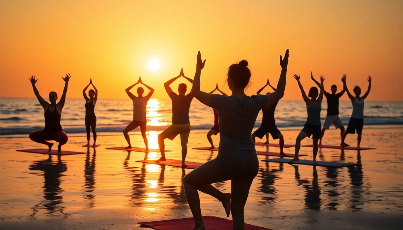 Diverse Yoga Group on Beach at Sunrise