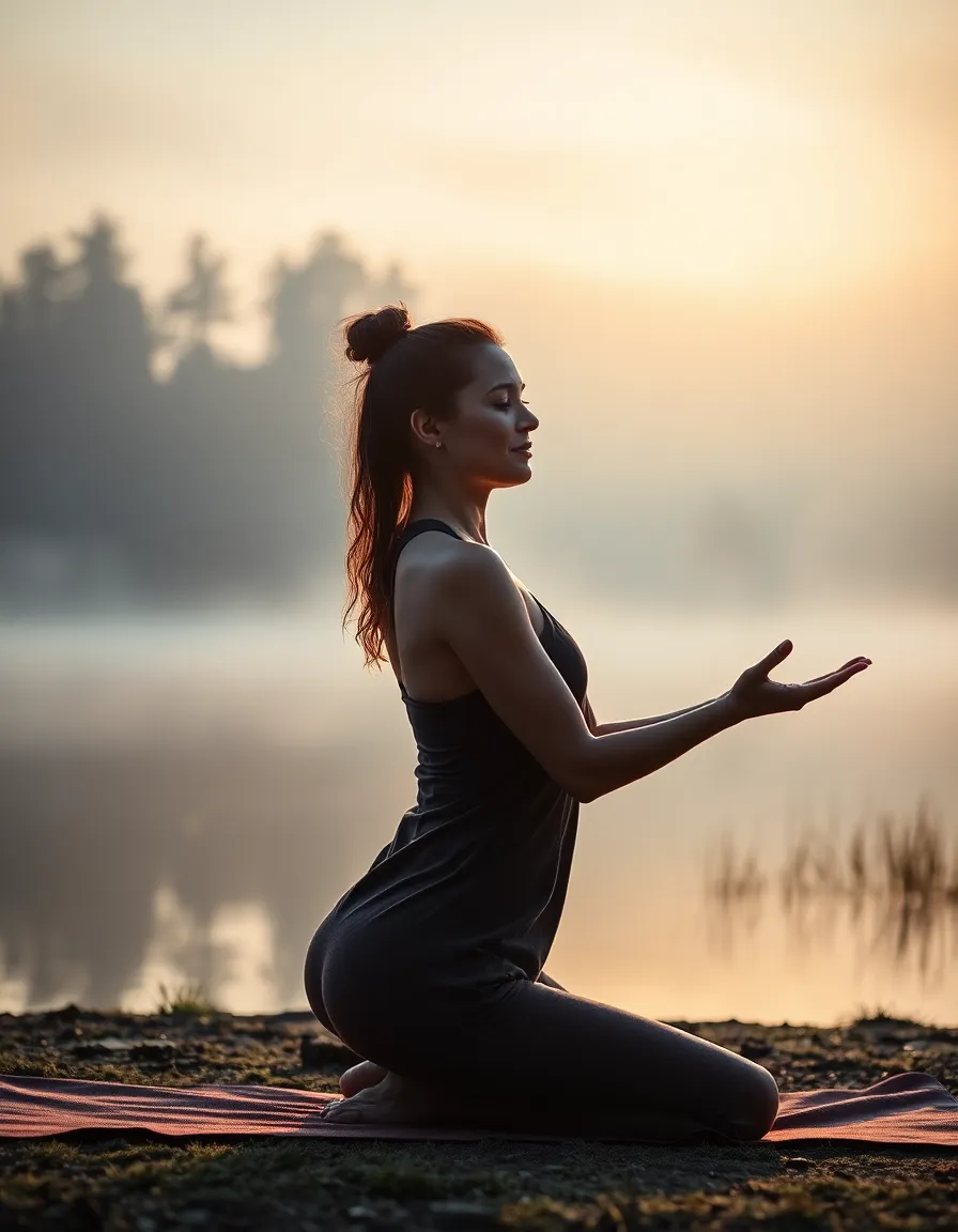 This captivating image features a woman performing a graceful yoga pose by a tranquil lakeside surrounded by early morning fog. The soft reflections in the water and the ethereal atmosphere of sunrise create a magical mood, inviting peace and serenity. Her focused expression embodies concentration and mindfulness, while the muted colors of the landscape contribute to a calming effect. This scene beautifully captures the essence of yoga in harmony with nature.