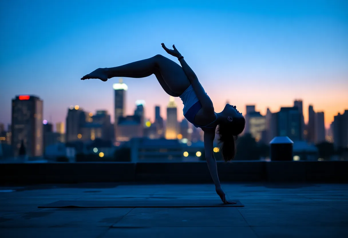 This striking image captures a female yogi in a downward dog pose on a rooftop at twilight, with an illuminated city skyline in the background. The cool blue hues of dusk contrast beautifully with the warm city lights, creating a captivating atmosphere. The shallow depth of field draws attention to the yogi while softly blurring the vibrant cityscape behind her. This dynamic composition reflects the harmony of urban life and personal wellness, ideal for contemporary yoga and lifestyle marketing.