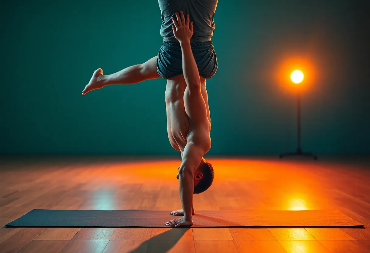 A fit male yogi showcases strength and balance while performing a handstand on a yoga mat. Soft studio lighting enhances the contours of his physique, bringing out details in his athletic wear and the textured yoga mat beneath him. Teal and orange tones create a contemporary look, making the image vibrant and engaging. This centered composition emphasizes his focus and dedication to the practice of yoga.