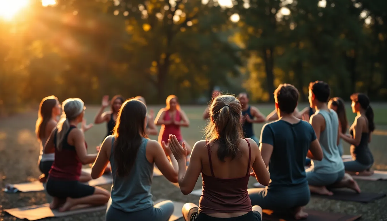 A vibrant scene capturing a diverse group of yogis practicing together outdoors during the golden hour. The soft, warm light creates a welcoming atmosphere as it filters through the trees, enhancing their collective energy. With a focus on the foreground participants, the sense of community is palpable, celebrating the uniting power of yoga. The texture of the earth beneath and the lush greenery surrounds them, adding to the tranquil setting.