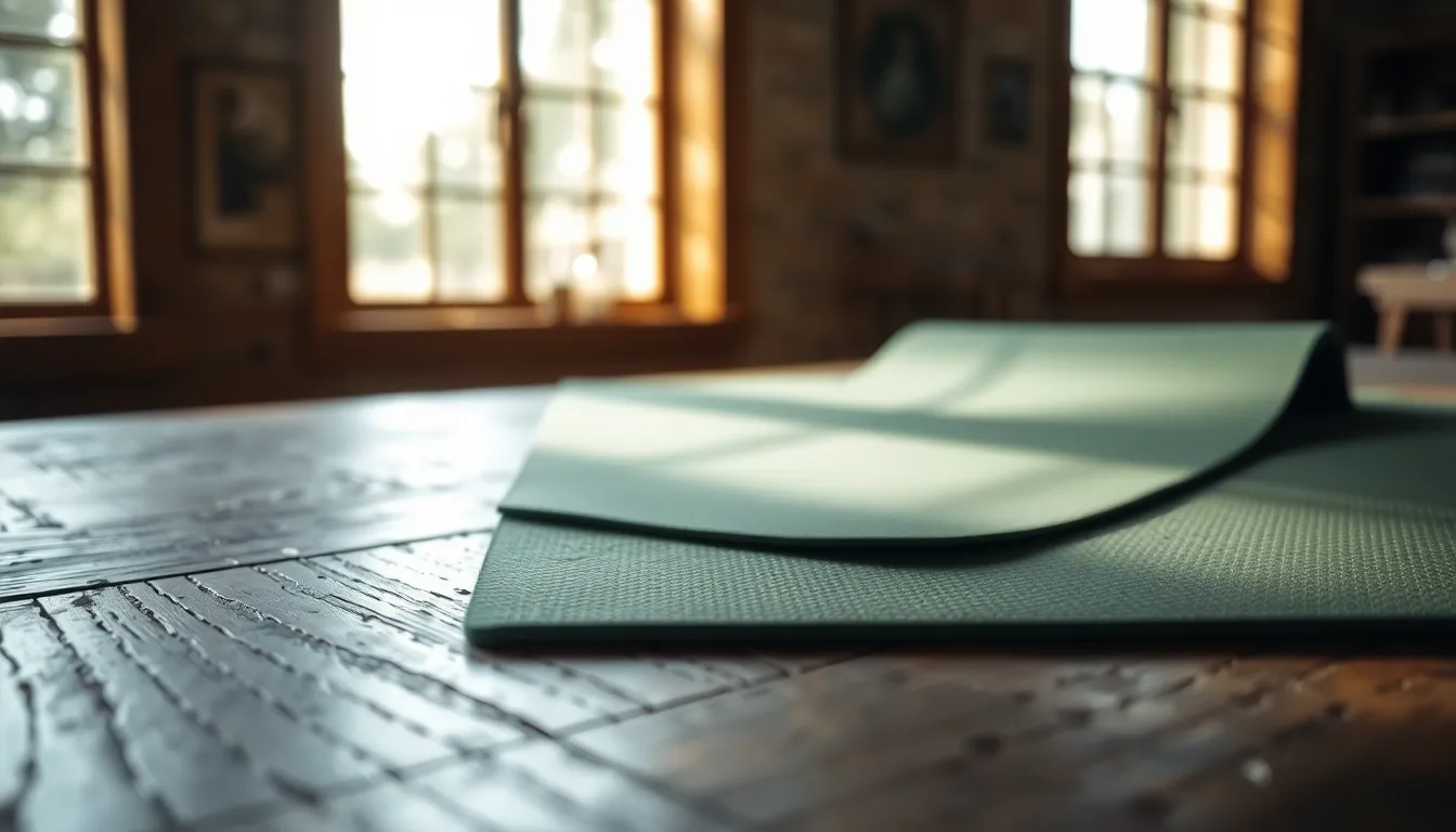 A finely detailed close-up of a colorful yoga mat spreads across a rustic wooden table, illuminated by natural light streaming through a window. The texture of the wood contrasts beautifully with the soft surface of the mat, creating an inviting scene for yoga enthusiasts. With gentle earthy tones and a shallow depth of field, the image invites the viewer to immerse themselves in the calming world of yoga practice.