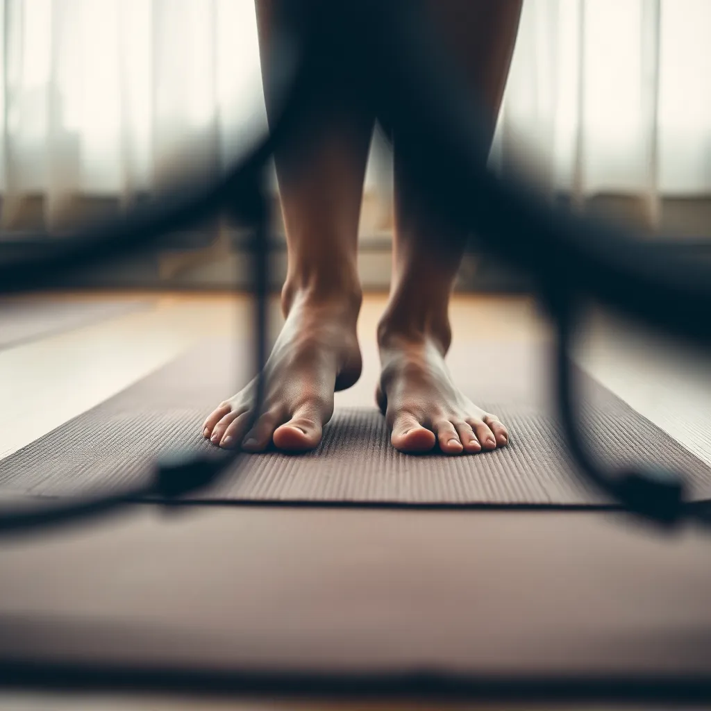 A close-up image of a person's feet firmly placed on a yoga mat, showcasing the connection to the practice. The overcast light creates a soft, even illumination, enhancing the textures of the mat and the natural skin tones of the subject. The composition uses yoga props for framing, emphasizing the focus and grounding required in yoga. This intimate perspective invites viewers to appreciate the details of practice.