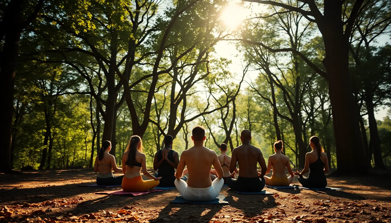 A diverse group of yogis practices together in a beautiful forest, forming an inviting circular formation on the forest floor. Dappled sunlight filters through the leafy canopy above, creating mesmerizing bokeh highlights that dance across the scene. The earthy tones reflect the natural environment, while the dynamic Dutch angle adds an exciting perspective to the unity and harmony experienced through yoga.