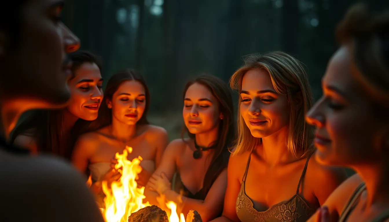 This dynamic image captures a group of individuals engaged in a yoga session around a campfire during dusk, with warm firelight casting flickering shadows on their faces. The Dutch angle adds a sense of energy and connection among the group, while the selective focus highlights the serene expressions of the practitioners. The natural muted tones create a cozy, inviting atmosphere, suggesting a deep communal experience and the spiritual essence of yoga in nature.