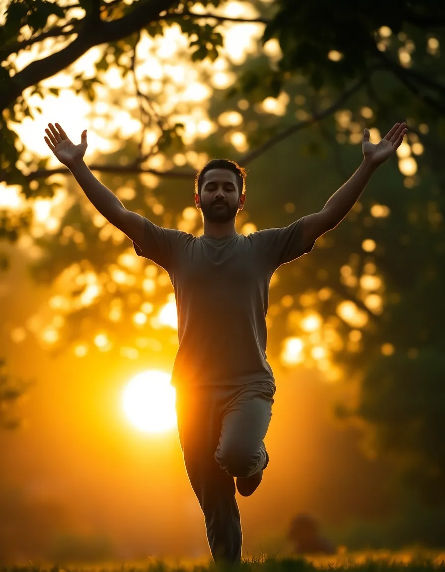 This enchanting image features a yogi in an elegant tree pose during golden hour, enveloped in warm backlighting. The soft glow enhances the serene mood, while deep greens of the surrounding foliage provide a rich contrast. The composition artfully places the subject off-center, drawing attention to their graceful balance and the beauty of the moment. This vibrant, tranquil scene captures the essence of yoga and nature harmoniously.
