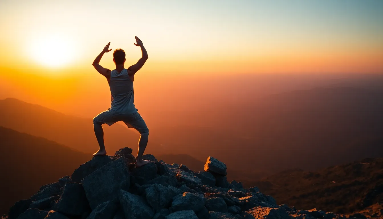 A male yogi is showcased in a powerful warrior pose atop a mountain peak during sunset. The warm golden hour light creates a stunning glow around him, while the expansive landscape serves as a breathtaking backdrop. With a dynamic Dutch angle composition, the rugged terrain enhances the sense of adventure and strength. This image captures the spirit of freedom and connection with nature in yoga practice.
