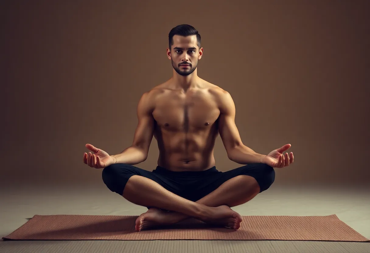 A male yogi embodies strength and serenity in a seated pose, captured in a studio with soft three-point lighting. The composition is symmetrical, drawing attention to the contrast between his focused expression and the textured yoga mat beneath him. The natural muted tones create a calming mood, ideal for promoting mindfulness and yoga practice.