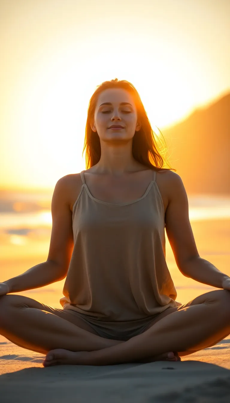 A serene woman meditates in the lotus position on a beautiful sunlit beach, illuminated by the warm glow of golden hour. The backlighting creates an ethereal halo around her silhouette, enhancing the calm and peaceful vibe. The shallow focus captures her tranquil expression amidst a softly blurred coastline. This intimate close-up invites viewers to connect with her meditative state, celebrating the harmony of yoga and nature.