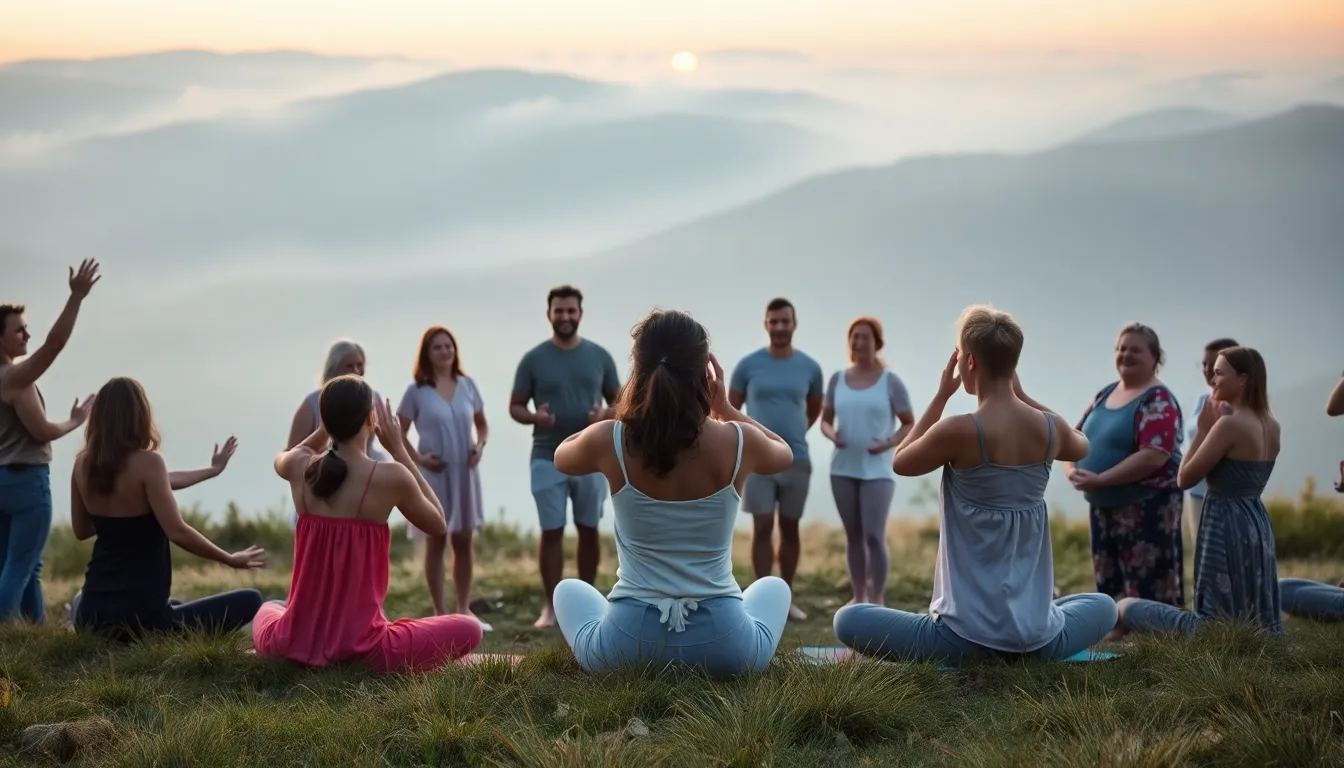 This image portrays a diverse group of individuals practicing yoga together in a circle at dawn, with misty hills in the background. The soft morning light adds to the ethereal ambiance, highlighting the joy and connection among participants. The harmonious color palette evokes a sense of peace, making this scene inviting and serene, perfect for showcasing the beauty of community in yoga.