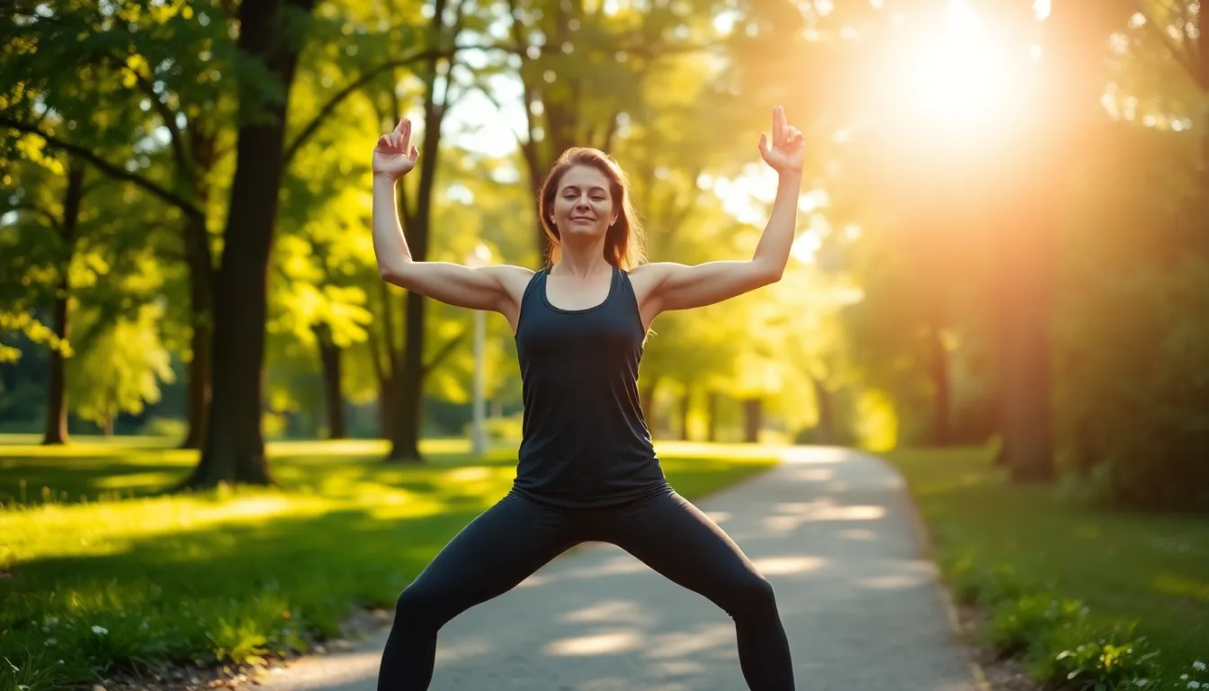 This image shows a woman confidently practicing a warrior pose in a vibrant park setting filled with dappled sunlight. The interplay of light and shadow creates a vivid backdrop, highlighting her strength and connection with nature. Soft bokeh effects enhance the serene ambiance, inviting viewers to join in this moment of empowerment and tranquility.