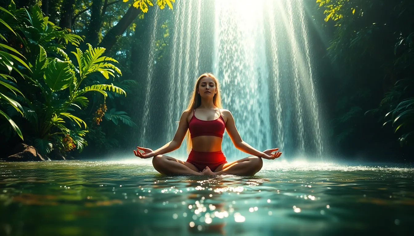 A female yogi is depicted in meditation beneath a stunning waterfall, surrounded by the lush greenery of a forest. Dappled sunlight filters through the trees, creating mesmerizing highlights on the water. The image captures a harmonious balance between the tranquil yogi and the vibrant natural surroundings, with sharp focus throughout thanks to the hyperfocal depth of field. This scene embodies peace, strength, and unity with nature.