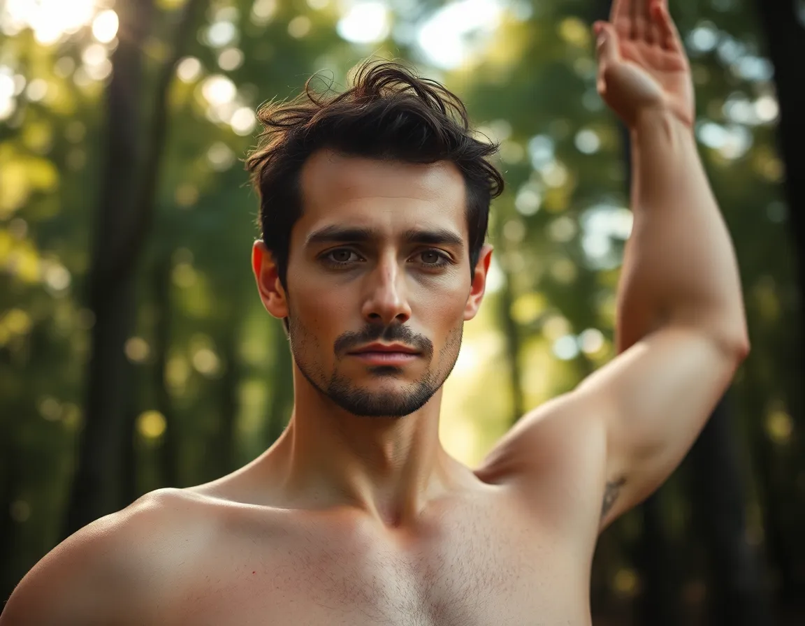 In this captivating image, a male yogi is portrayed in deep concentration, balancing in a tree pose amidst a lush green forest. Dappled sunlight filters through the overhead tree canopy, creating a beautiful bokeh in the background that enhances the tranquil atmosphere. The composition employs leading lines to draw the viewer's eye toward his focused expression and the serene setting, capturing the harmony between man and nature. Natural muted tones dominate the scene, emphasizing a peaceful and organic feel.