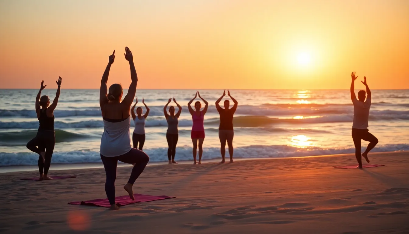 Group Yoga on the Beach at Sunset
