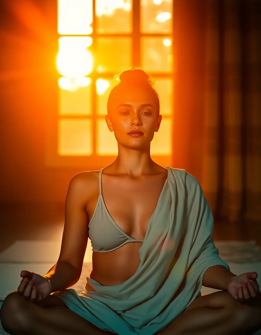 A tranquil scene of a man in a seated meditation pose bathed in golden hour light streaming through a window. The dramatic shadows create a sense of peace and focus, inviting viewers into this meditative space. The image is enriched by soft, flowing fabrics that add texture and depth. This captivating moment captures the essence of mindfulness and serenity.