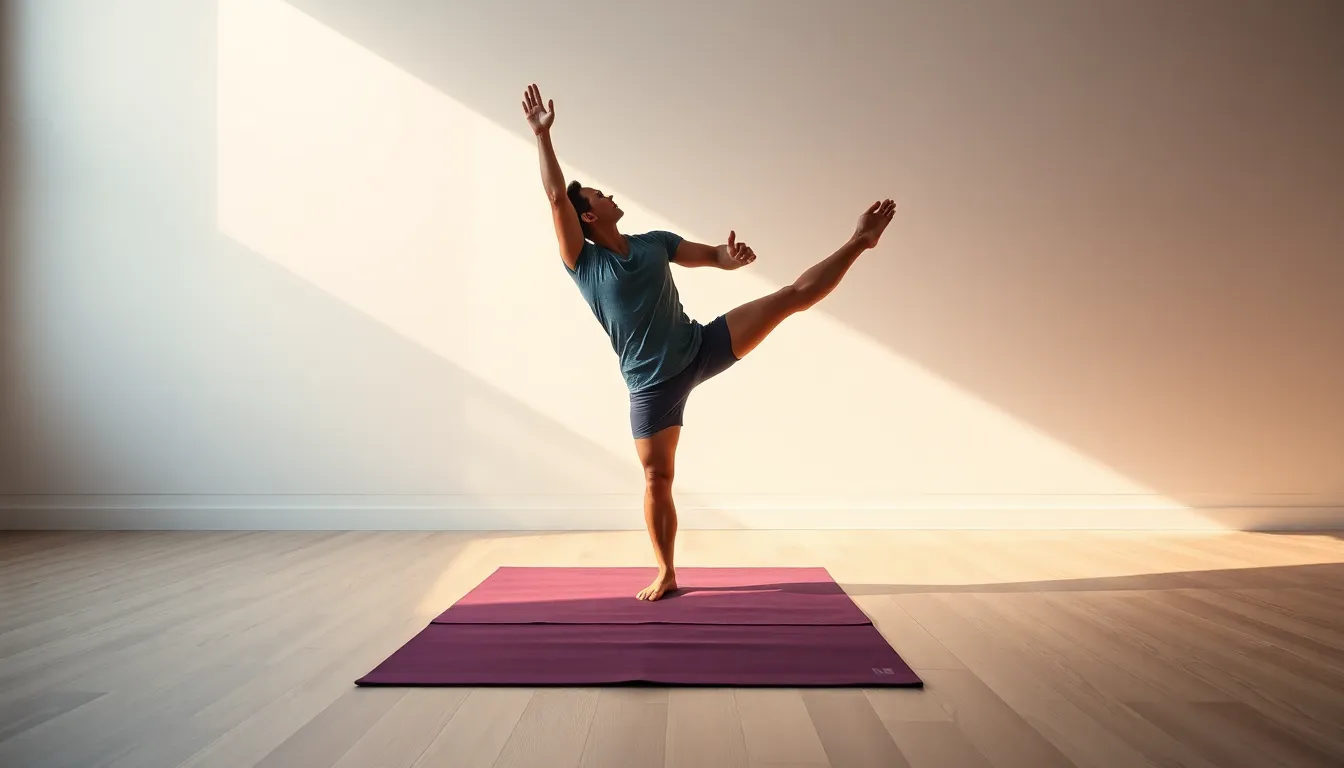 An inspiring image of a male yogi balancing gracefully on a mat in a softly lit studio. The gentle morning light creates a calming atmosphere, while the saturated colors of the yoga mat and attire draw the viewer's eye. With a focus on both the yogi's form and the surrounding space, this photograph captures a moment of discipline and tranquility in the practice of yoga.
