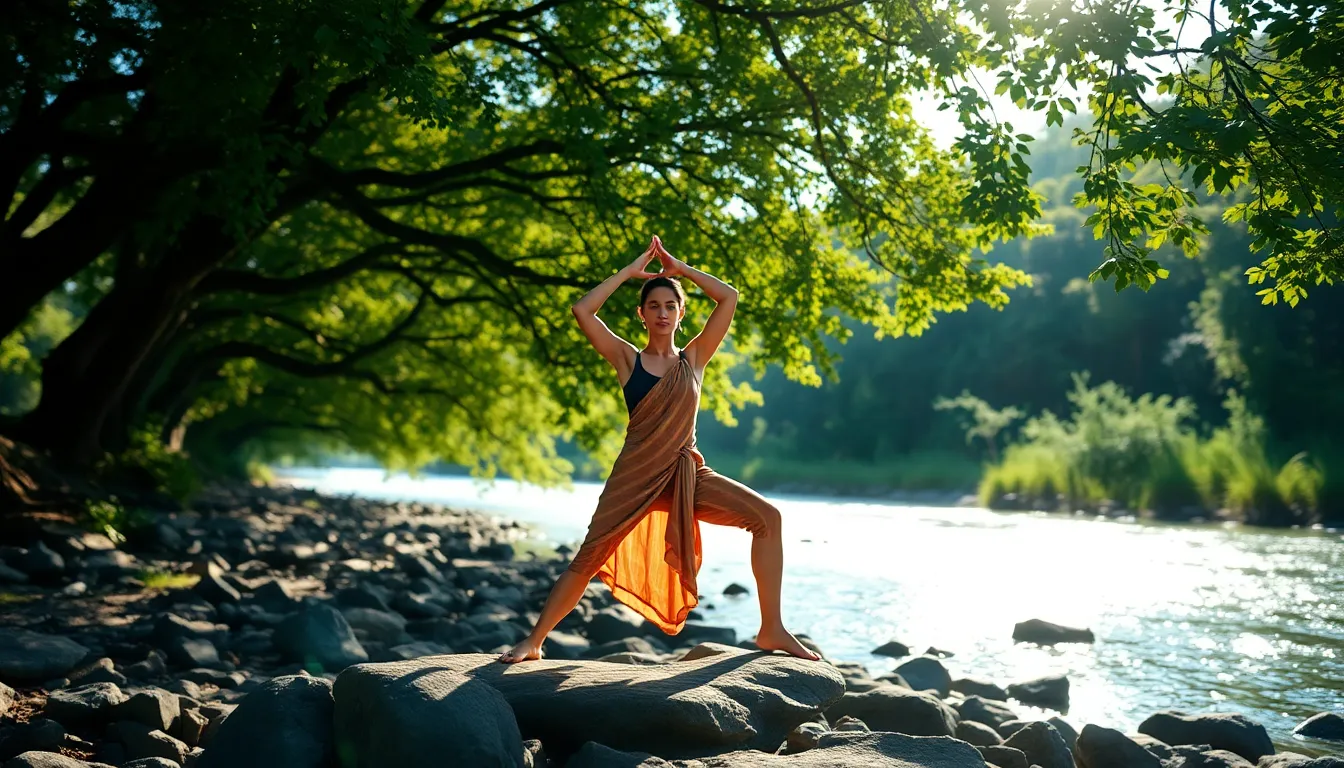 A female yogi striking a dynamic warrior pose on a rocky riverbank, framed by lush greenery and filtered sunlight. The vibrant colors reminiscent of Fujifilm Velvia bring the scene to life, with textures of the rocks and foliage adding depth. The hyperfocal focus captures the beauty of nature, creating an inviting scene for yoga enthusiasts and nature lovers alike.