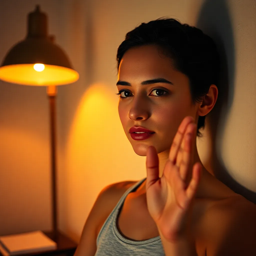 This intimate close-up captures a yogi's hands performing a delicate mudra gesture, set against a beautifully textured wall. The warm light from a tungsten lamp creates a cozy atmosphere, enhancing the warmth of the skin tones. The background softly blurs into a painterly bokeh, drawing attention to the intricate details of the hands and the mindfulness they represent.