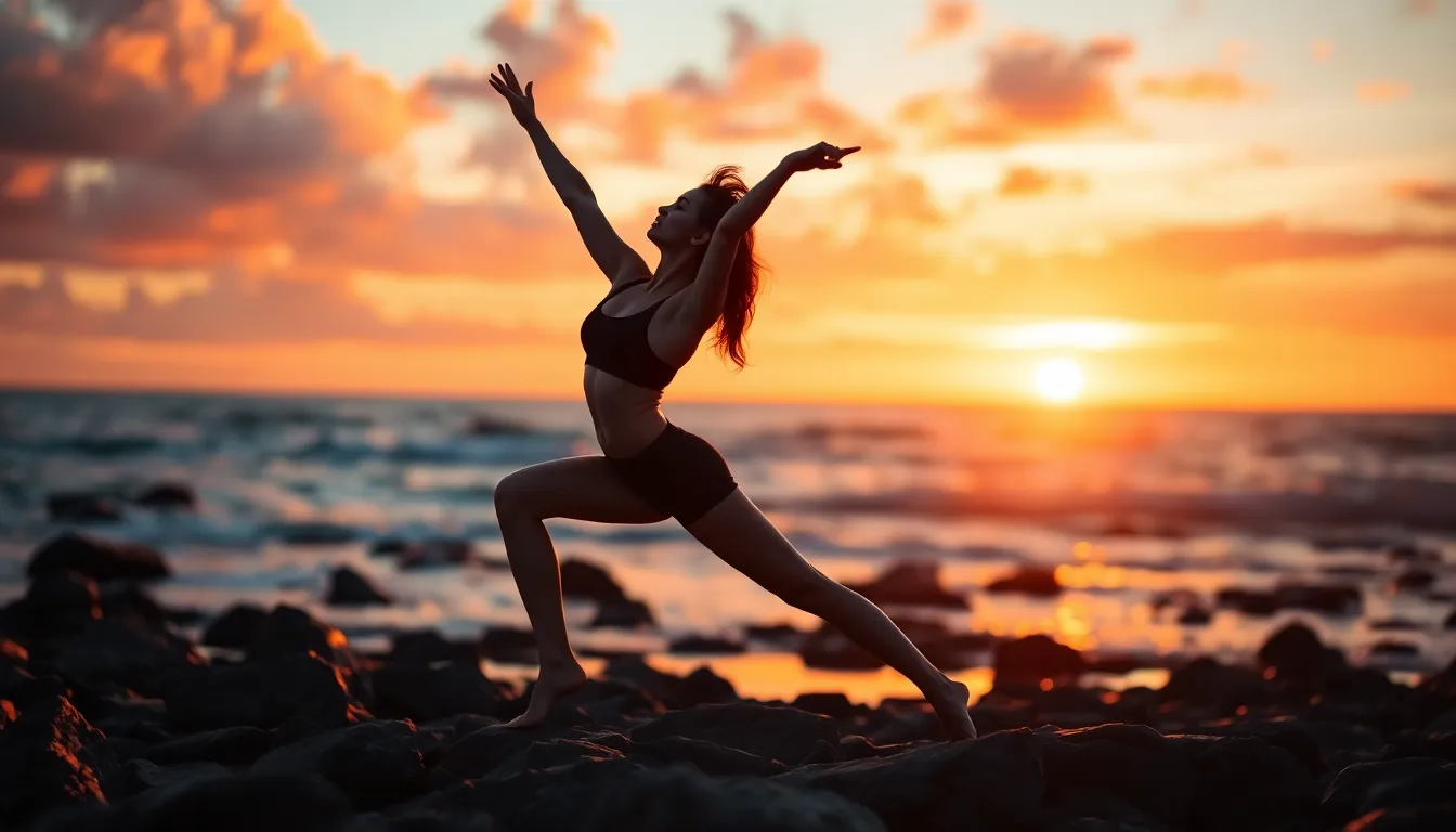 Dynamic Yoga Pose on Rocky Beach at Sunset
