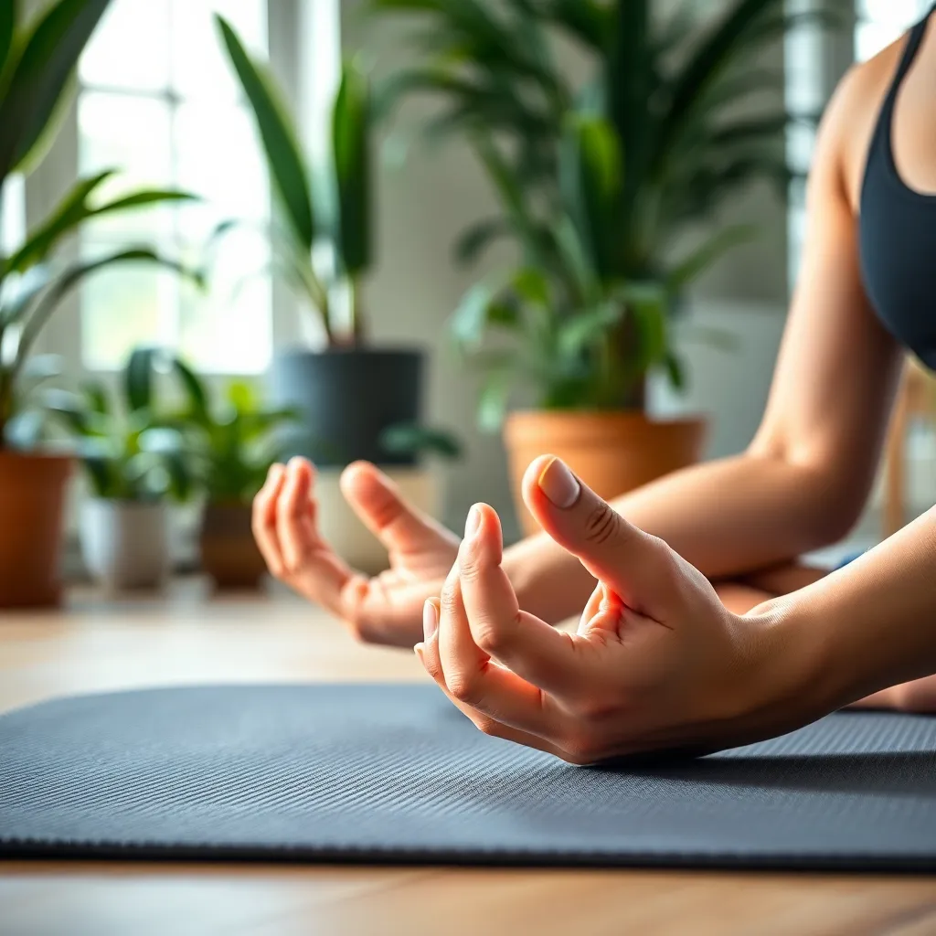 This artistic close-up image captures a female yogi's hands in a mudra position on her yoga mat in a serene indoor setting filled with plants. The soft, diffused ambient light enhances the warmth of her skin tones and the textured weave of the mat. Rich green hues complement the tranquil atmosphere. The cropped composition emphasizes the intimate connection between the yogi and her practice, making it ideal for wellness and mindfulness publications.