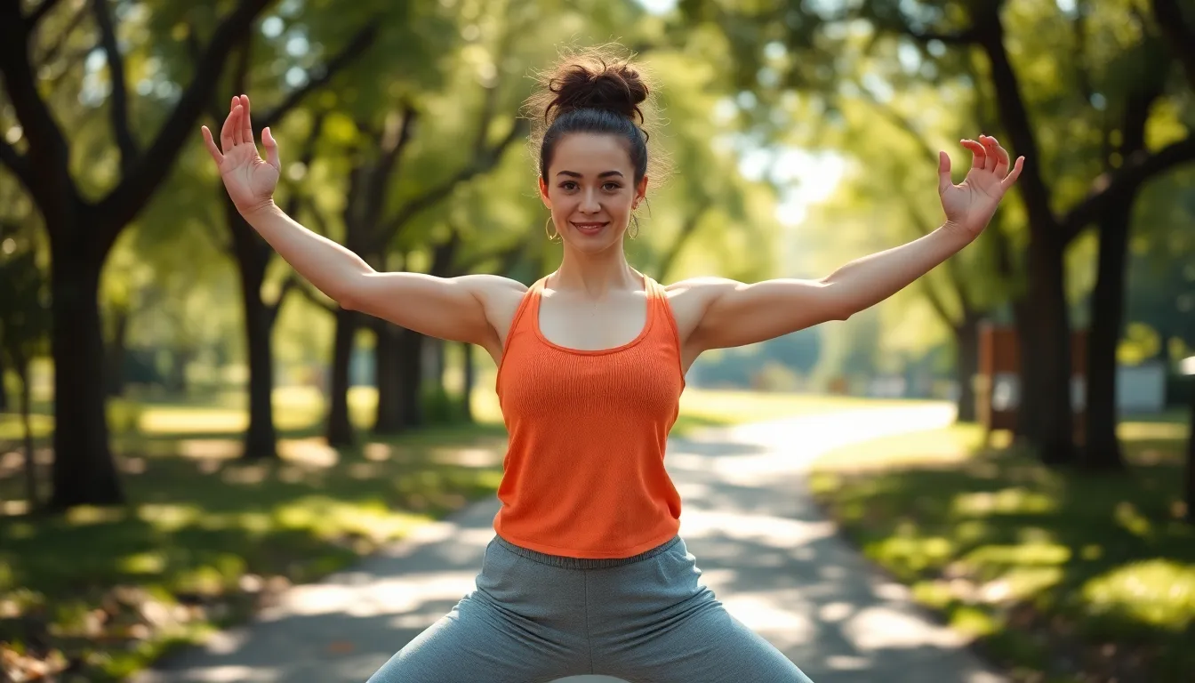 In this vibrant scene, a woman is depicted in a strong warrior yoga pose amidst the lush greenery of an outdoor park. The dappled sunlight creates beautiful bokeh effects around her, enhancing the energy of the moment. Her textured cotton yoga outfit adds depth to the image, while the saturated colors of nature evoke a sense of vitality and rejuvenation. This captivating image beautifully illustrates the essence of strength and balance in yoga.