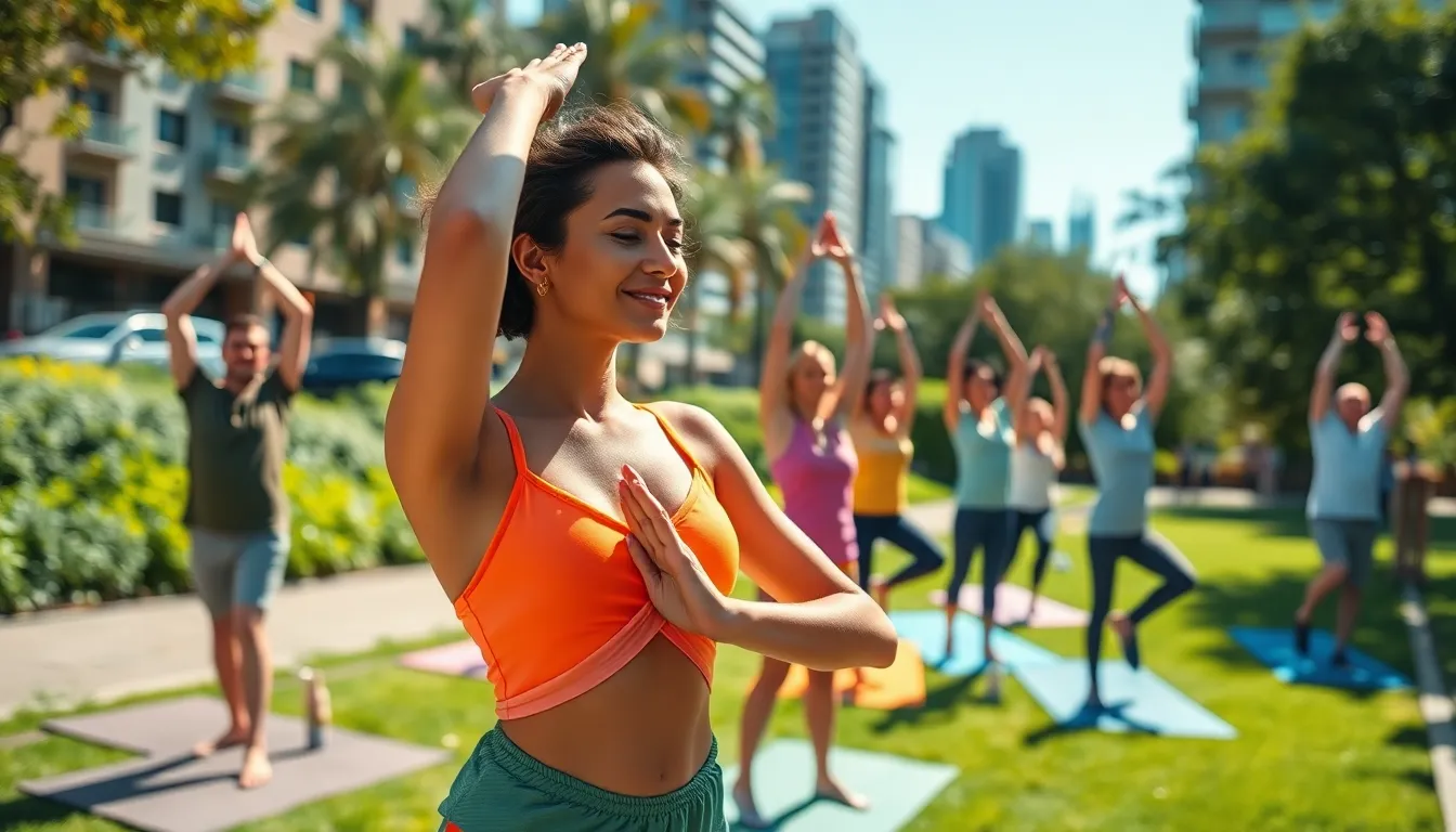 This dynamic image captures a diverse group of individuals engaged in various yoga poses within a lively urban park on a sunny afternoon. The bright green foliage and colorful yoga attire create an energetic atmosphere filled with movement and vitality. The focus on one woman in the foreground highlights the intricate details of her breathable fabric outfit, while the cityscape in the background adds an urban touch to the scene. This image beautifully illustrates the fusion of yoga practice and city life.