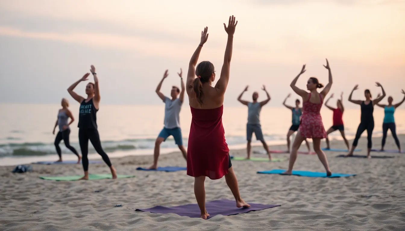 A diverse group of individuals engages in yoga poses on a tranquil sandy beach at dawn, surrounded by soft pastel hues in the sky. The calm ocean waters reflect the serene morning light, creating a peaceful atmosphere. With a shallow depth of field, the focus highlights the participants, while the soft blur of the background enhances the sense of space. This image embodies community, tranquility, and the beauty of outdoor yoga practice.
