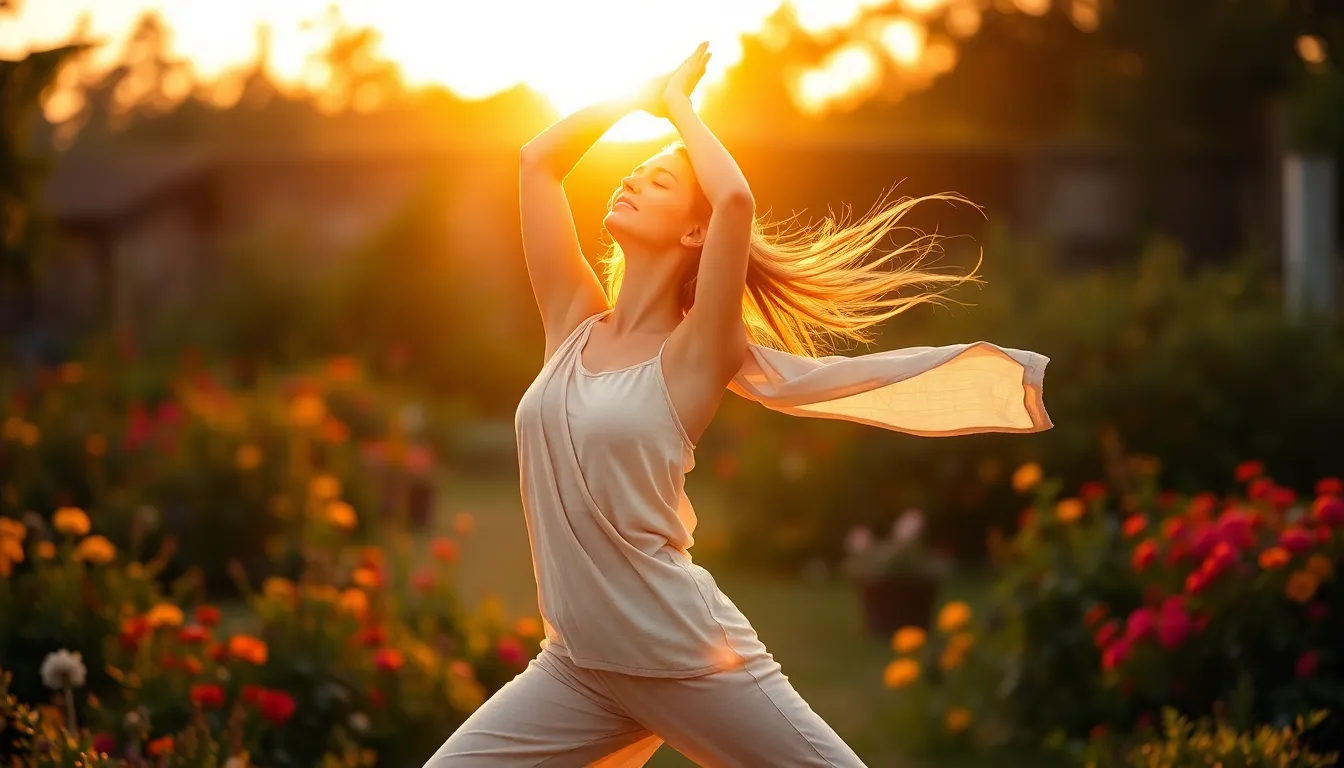 A tranquil scene of a woman practicing yoga outdoors in a lush garden during golden hour. The warm sunlight bathes her in a beautiful glow, while her flowing attire catches the breeze, creating an ethereal quality. The vibrant colors of blooming flowers and greenery add depth to the image, evoking a sense of peace and harmony. This captivating moment illustrates the connection between nature and the calming practice of yoga.