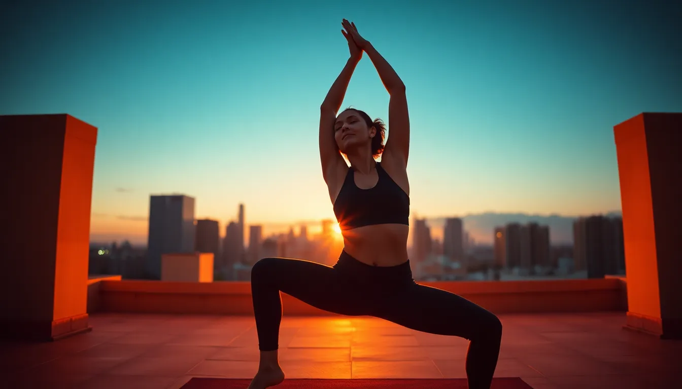 A striking image of a female yogi executing a challenging pose against a stunning sunset skyline. The dramatic low-angle lighting highlights her form and athletic wear, while the soft rim light creates an ethereal glow. The cinematic color grading infuses the scene with rich, complementary hues that evoke a sense of calm and determination. Her poised silhouette stands out against the vibrant colors of the city at dusk.