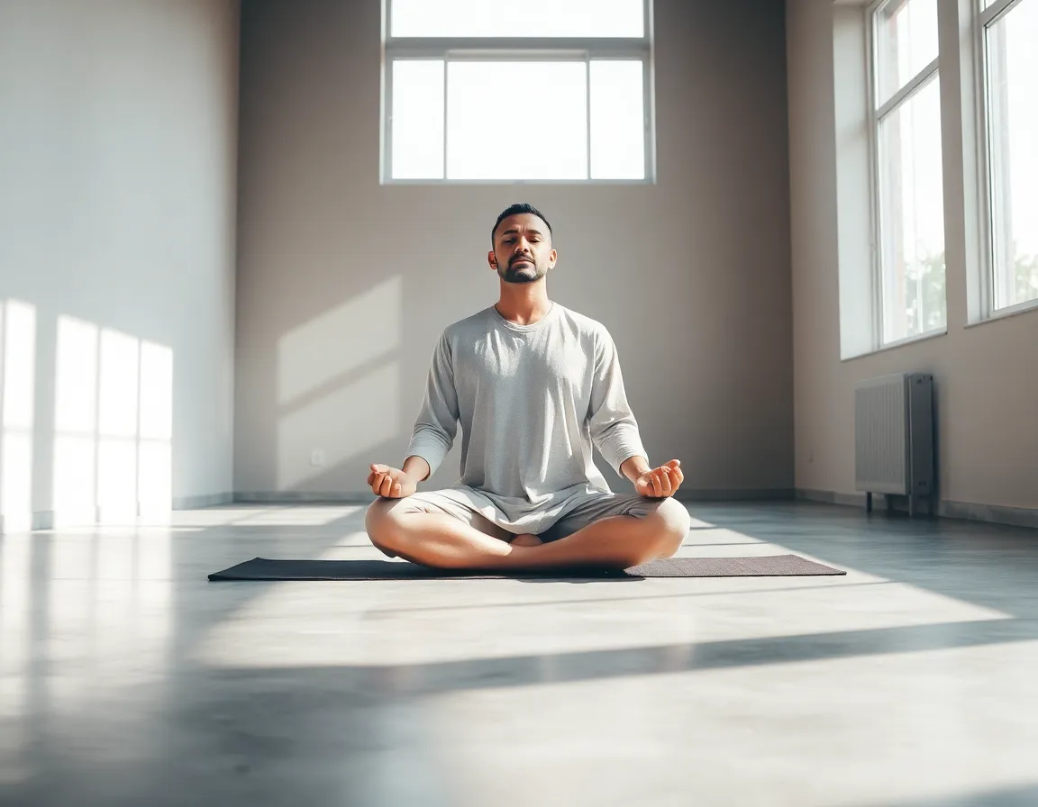 This serene scene captures a male yogi meditating in a sunlit studio, surrounded by soft diffused daylight pouring through large windows. The polished concrete floor and muted earth tones create a calming atmosphere. The use of hyperfocal distance ensures clarity in the entire image. This composition centers on the yogi, showcasing his peaceful expression and traditional yoga attire, perfect for wellness and mindfulness content.