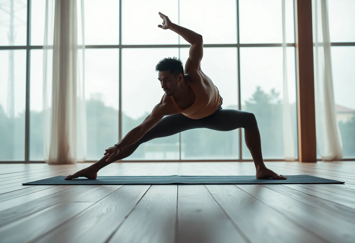 An athletic male yogi balances in an advanced pose on a beautifully textured wooden mat, illuminated by soft, diffused daylight streaming through large windows. The indoor setting creates an intimate atmosphere, enhanced by the cinematic teal and orange color grading. Every detail, from the wood grain of the mat to the athlete's focused expression, is sharply rendered, inviting viewers to appreciate the mastery of yoga.
