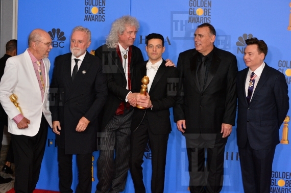 Jim Beach, Roger Taylor and Brian May of Queen, Rami Malek, Graham King & Mike Myers