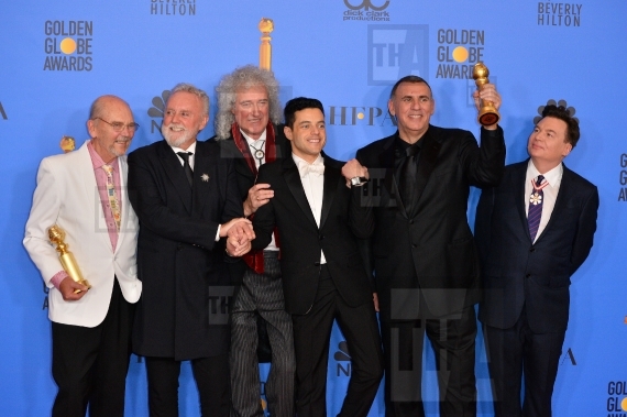 Jim Beach, Roger Taylor and Brian May of Queen, Rami Malek, Graham King & Mike Myers