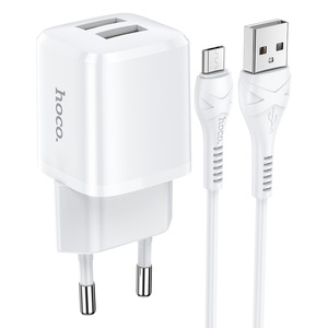 Hoco N8 2.4A | 2U + MicroUSB Cable 1m White