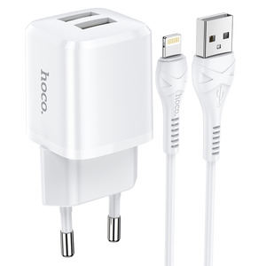 Hoco N8 2.4A | 2U + Lightning Cable 1m White