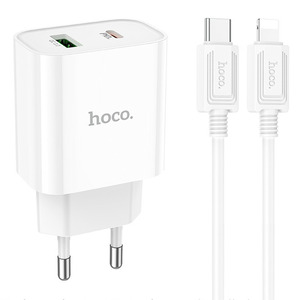 Hoco C80A Plus 1USB-A 1USB-C PD/QC 20W + Type-C to Lightning Cable White