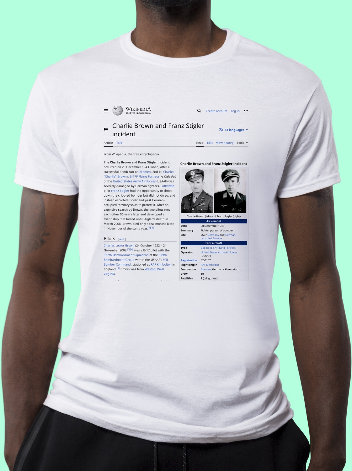 Charlie_Brown_and_Franz_Stigler_incident Wikipedia Shirt